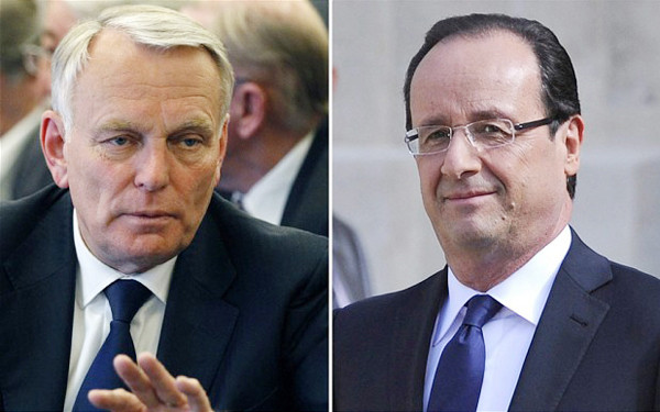 Thủ tướng Ayrault (trái) và Tổng thống Hollande. Ảnh: AP.. Thủ tướng Ayrault (trái) và Tổng thống Hollande. Ảnh: AP.