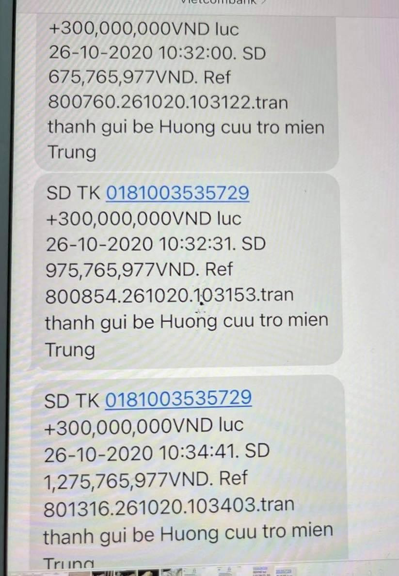 Đến ngày 26/10, Trấn Thành tiếp tục gửi cho cô Ngọc Hương 300 triệu đồng. Theo lời Trấn Thành: "Vì không ra được ngân hàng nên tôi phải chuyển khoản bằng mobile banking 300.000.000 đồng/ lần. Chuyển đúng 7 lần là 2.100.000.000 đồng. Tôi sẽ in sao kê, có ghi rõ nội dung chuyển rõ ràng cho quý vị xem". Đến ngày 26/10, Trấn Thành tiếp tục gửi cho cô Ngọc Hương 300 triệu đồng. Theo lời Trấn Thành: "Vì không ra được ngân hàng nên tôi phải chuyển khoản bằng mobile banking 300.000.000 đồng/ lần. Chuyển đúng 7 lần là 2.100.000.000 đồng. Tôi sẽ in sao kê, có ghi rõ nội dung chuyển rõ ràng cho quý vị xem".