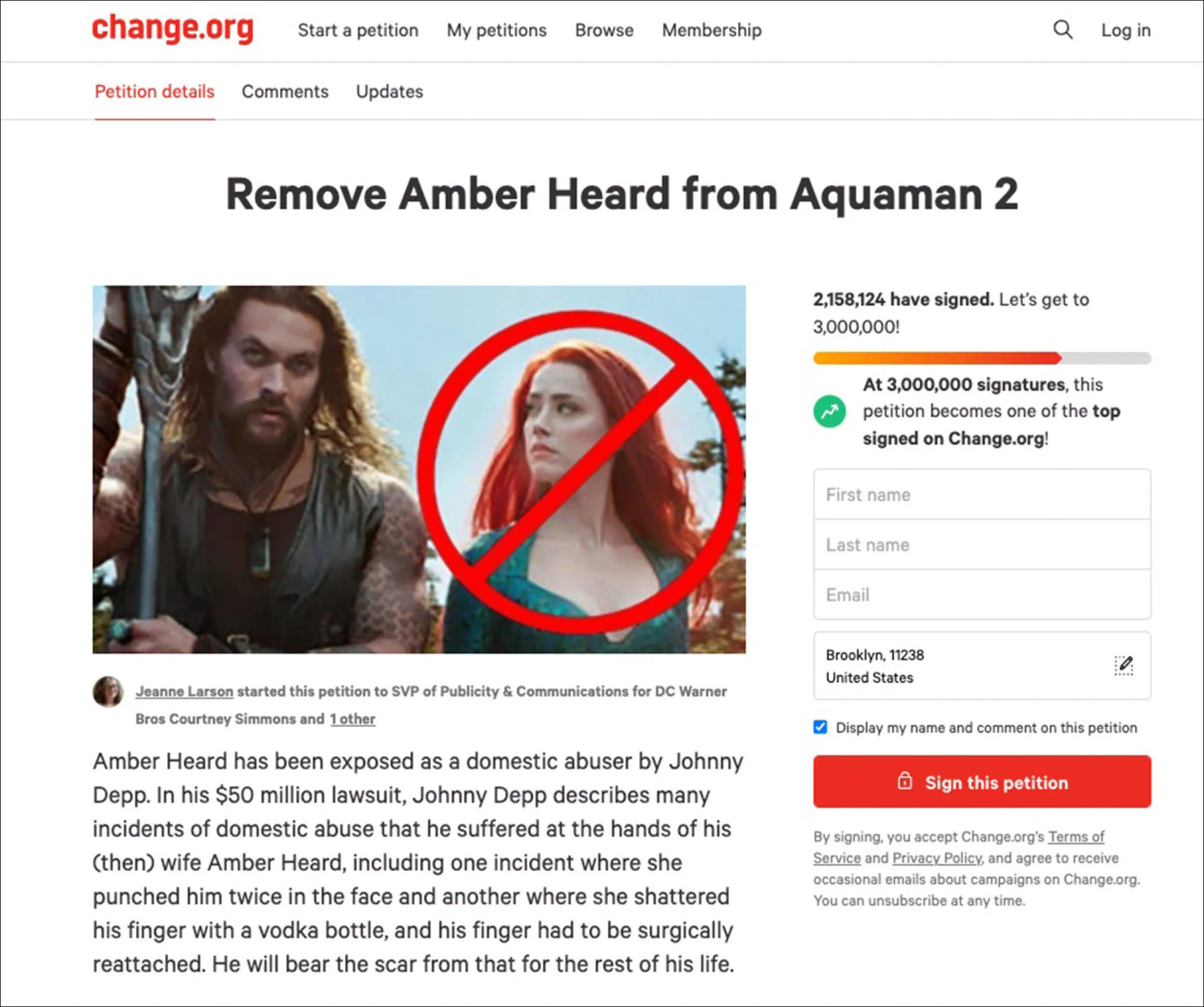 Bản kiến nghị đuổi Amber Heard khỏi "Aquaman 2" được tạo ra từ năm 2020. Bản kiến nghị đuổi Amber Heard khỏi "Aquaman 2" được tạo ra từ năm 2020.