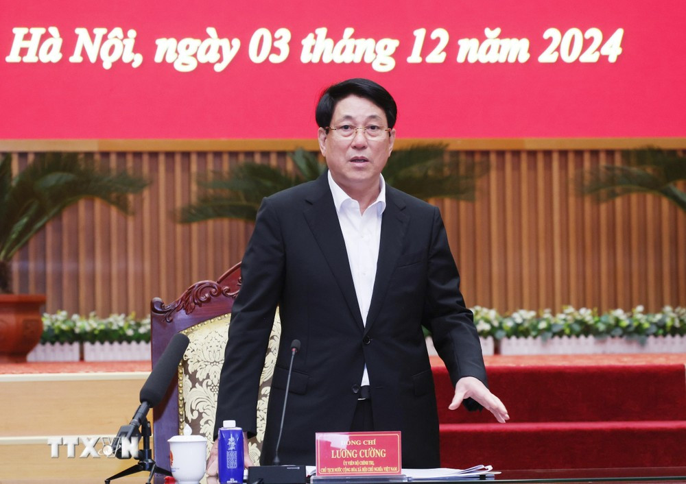 Chủ tịch nước Lương Cường phát biểu tại buổi làm việc. Ảnh: TTXVN.