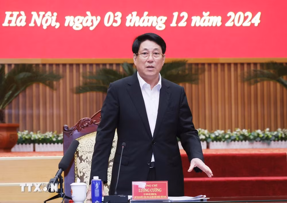 Chủ tịch nước Lương Cường phát biểu tại buổi làm việc. Ảnh: TTXVN.