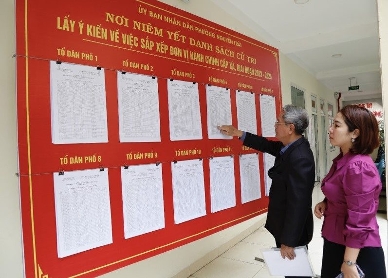 Người dân phường Nguyễn Trãi (Hà Đông) xem danh sách cử tri lấy ý kiến về việc sắp xếp đơn vị hành chính trên địa bàn. Ảnh: PV.