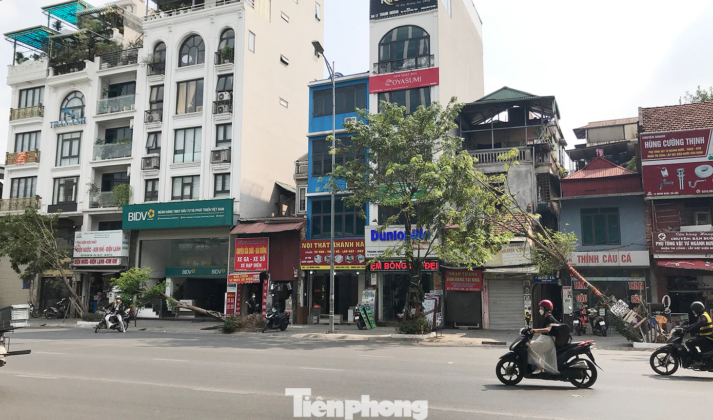 Khu vực trước cửa địa chỉ 16 - 30 phố Minh Khai, quận Hai Bà Trưng, Hà Nội có 3 cây xanh bị bật gốc, nghiêng sau bão số 3, đến nay vẫn chưa được xử lý. Ảnh: Trường Phong.