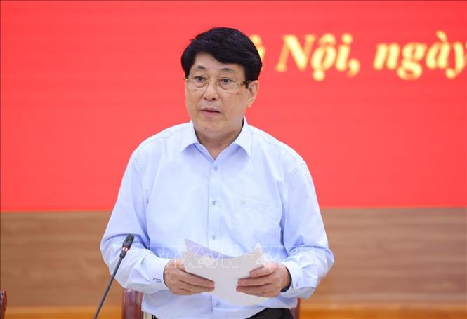 Thường trực Ban Bí thư Lương Cường phát biểu tại buổi làm việc. Ảnh: TTXVN.