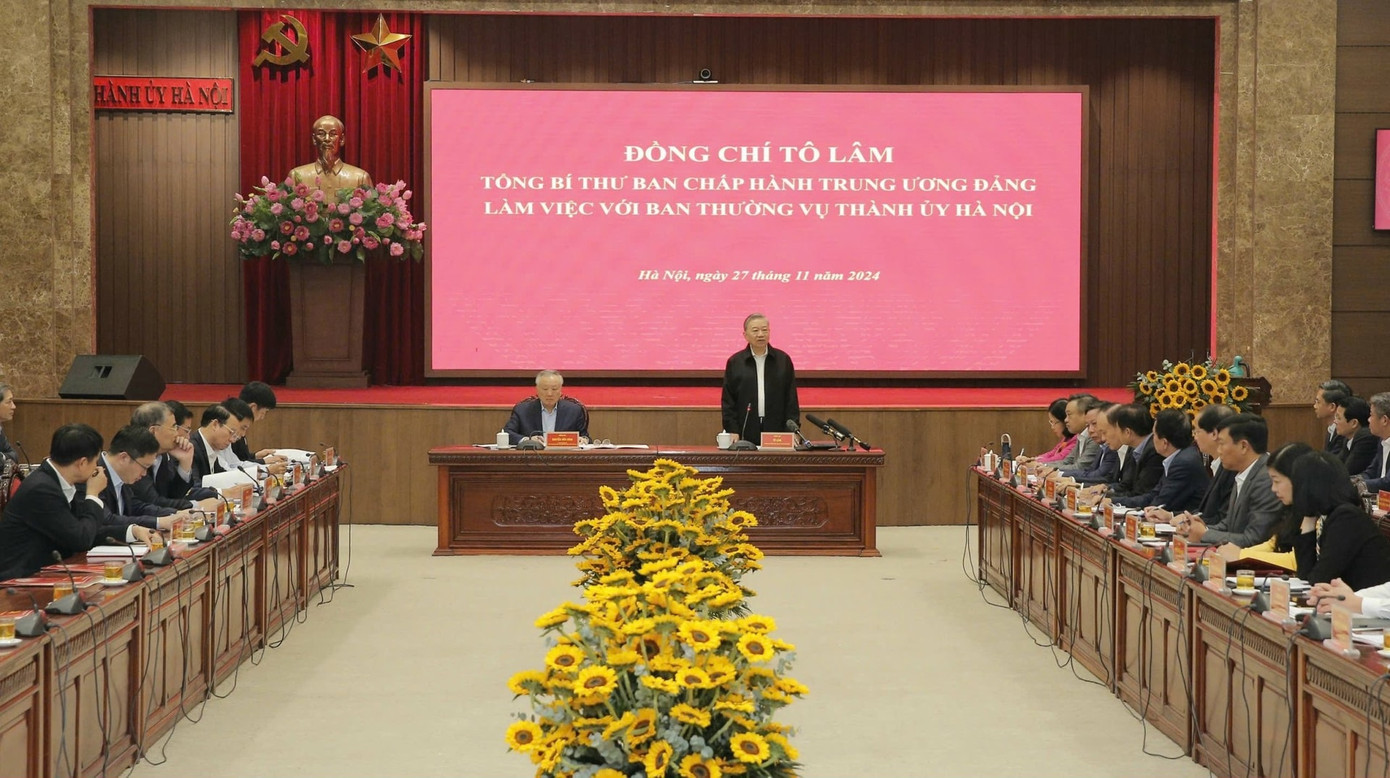 Tổng Bí thư Tô Lâm thăm và làm việc với Ban Thường vụ Thành ủy Hà Nội, sáng 27/11. Ảnh: Viết Thành. Tổng Bí thư Tô Lâm thăm và làm việc với Ban Thường vụ Thành ủy Hà Nội, sáng 27/11. Ảnh: Viết Thành.