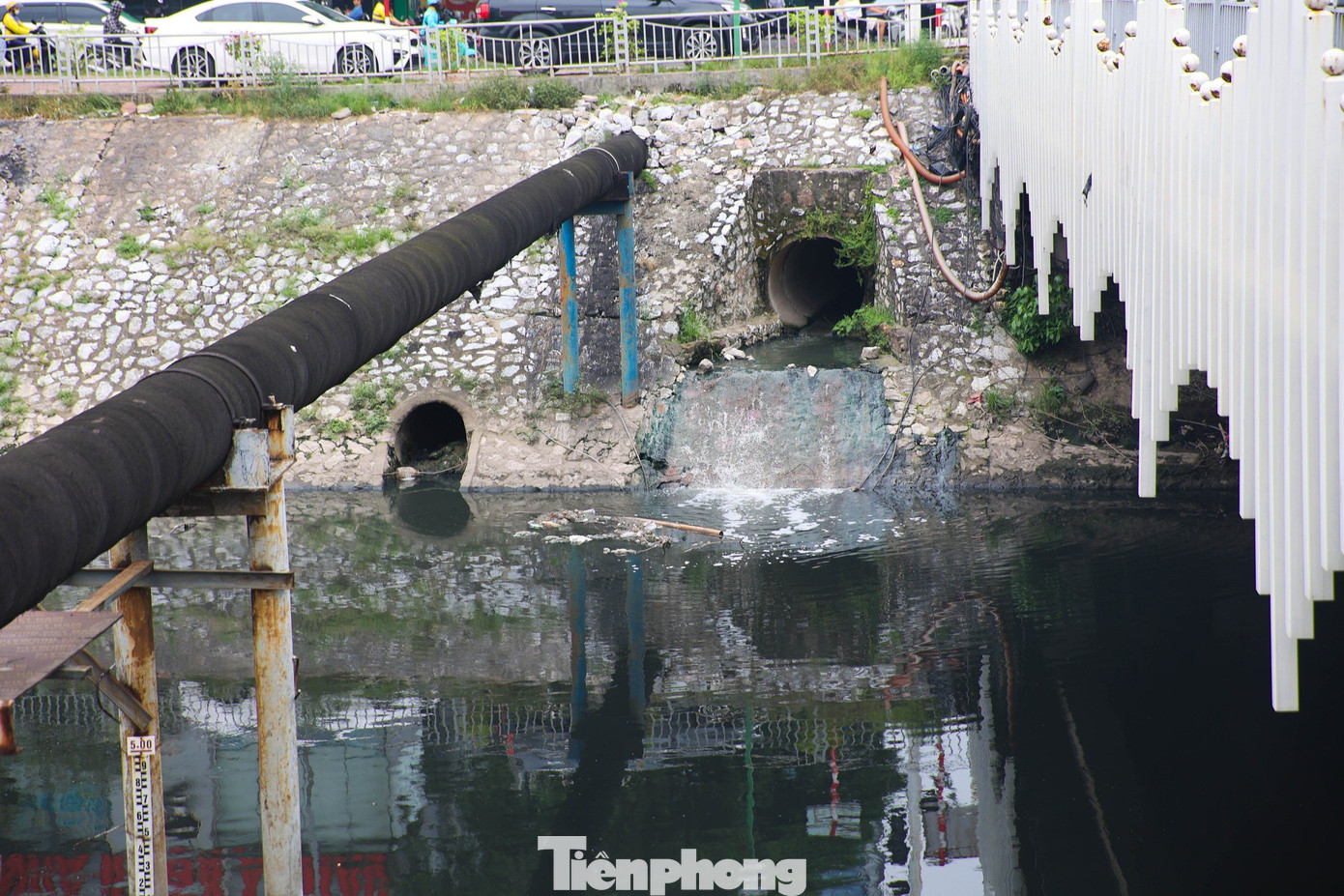 Những cống nước thải đổ trực tiếp xuống sông Tô Lịch. Ảnh: Nguyễn Trọng Tài.