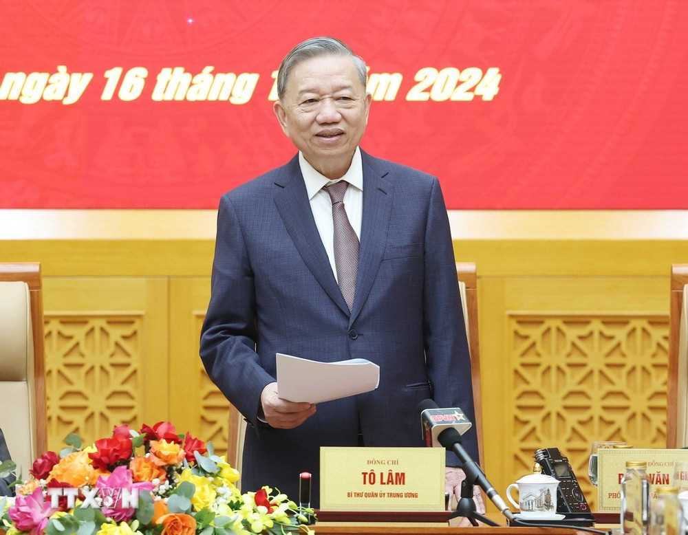 Tổng Bí thư Tô Lâm - Bí thư Quân ủy Trung ương phát biểu tại hội nghị. Ảnh: TTXVN. Tổng Bí thư Tô Lâm - Bí thư Quân ủy Trung ương phát biểu tại hội nghị. Ảnh: TTXVN.