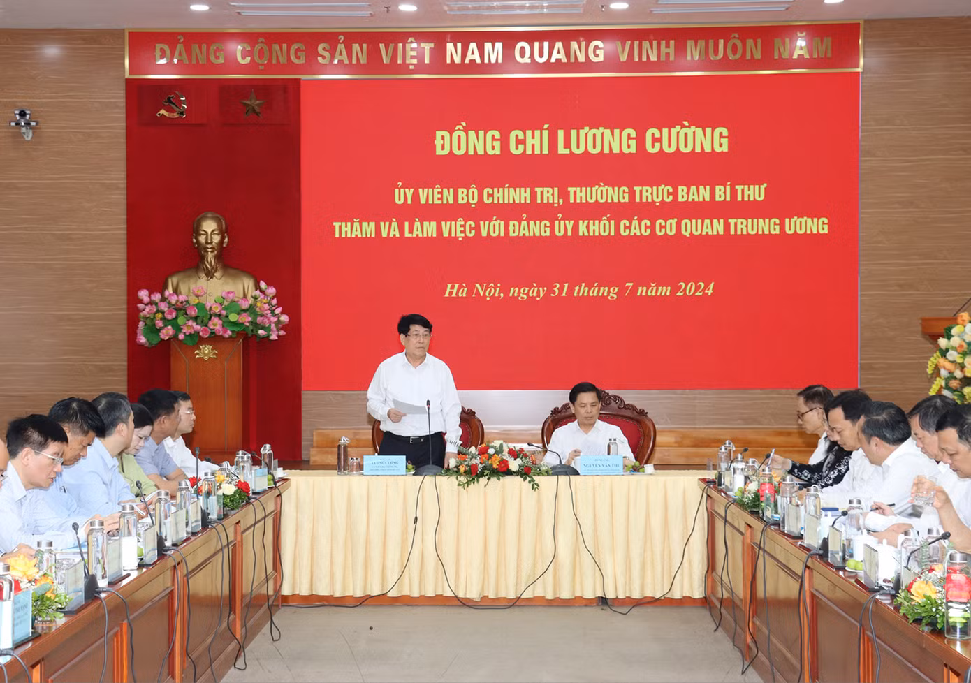 Thường trực Ban Bí thư Lương Cường phát biểu tại buổi làm việc. Ảnh: PV. Thường trực Ban Bí thư Lương Cường phát biểu tại buổi làm việc. Ảnh: PV.
