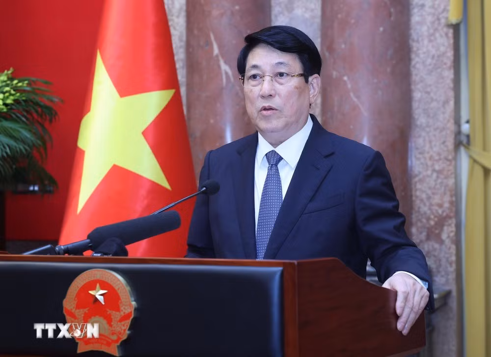 Chủ tịch nước Lương Cường phát biểu tại buổi gặp mặt. Ảnh: TTXVN.