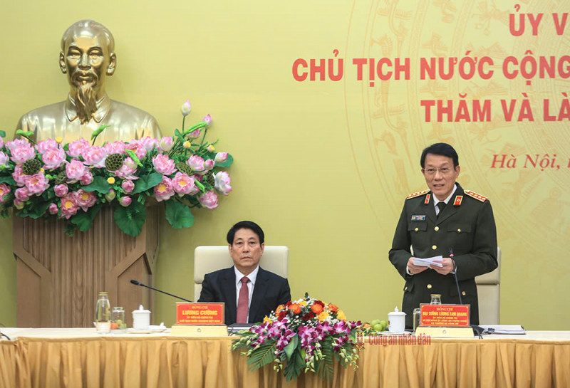 Bộ trưởng Bộ Công an Lương Tam Quang phát biểu tại cuộc làm việc. Ảnh: CAND. Bộ trưởng Bộ Công an Lương Tam Quang phát biểu tại cuộc làm việc. Ảnh: CAND.