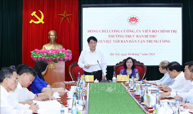 Uỷ viên Bộ Chính trị, Thường trực Ban Bí thư Lương Cường phát biểu chỉ đạo buổi làm việc với Ban Dân vận Trung ương. Ảnh: Phương Hoa/TTXVN.