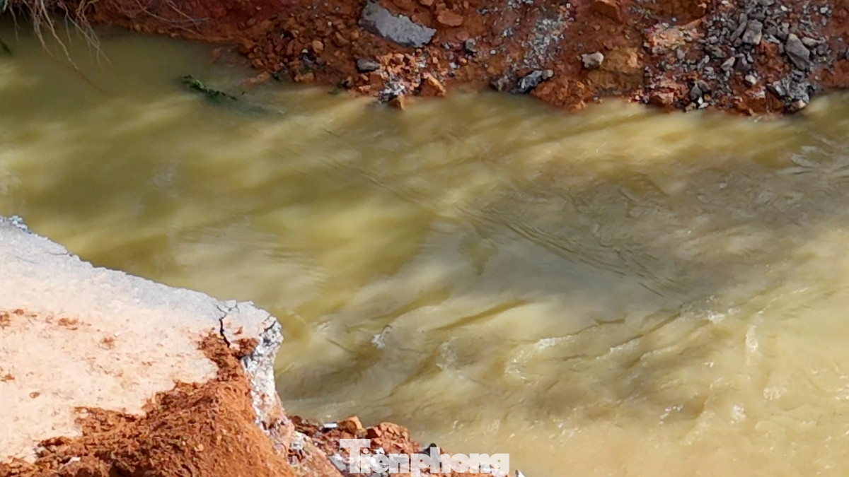 Do nước sông Lô xuống nhanh, nước từ khu dân cư bên trong đê chảy ra ngoài sông Lô, giảm áp lực cho khu vực ngập lụt mấy ngày qua. Ảnh: Hoàng Mạnh Thắng.