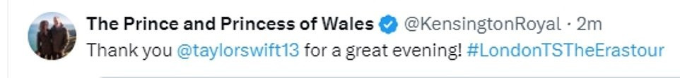 Hoàng tử William đáp lại: &quot;Cảm ơn Taylor Swift vì buổi tối tuyệt vời&quot;.