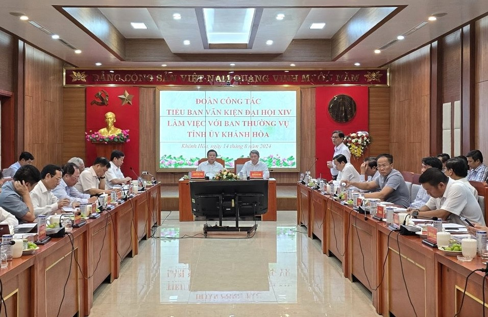 Ông Nguyễn Tấn Tuân (đứng) báo cáo tình hình kinh tế - xã hội của tỉnh tại buổi làm việc.