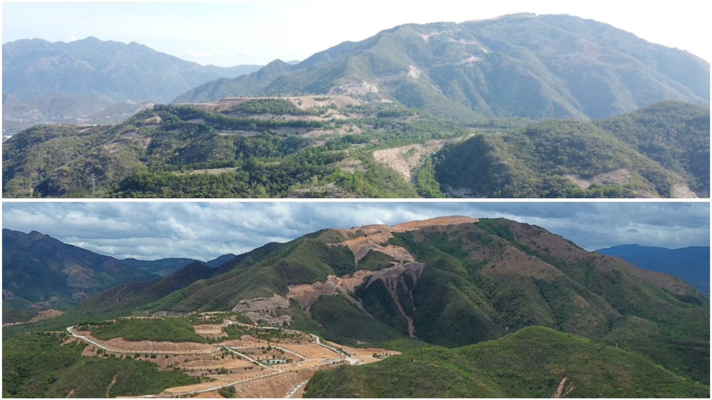 Nhiều năm nay, ngọn núi cao nhất của thành phố Nha Trang đã bị san gạt, loang lổ (ảnh dưới). Đến thời điểm này khi PV Tiền Phong có mặt nơi đây thì vẫn còn đó những vết tích từ sai phạm nhưng đã nhìn thấy màu xanh xuất hiện ở nhiều khu vực. Vừa qua, tỉnh Khánh Hòa đã thu hồi 9,59ha đất trên núi Chín Khúc, thuộc một phần diện tích còn lại của dự án khu biệt thự và du lịch sinh thái trong khu kinh tế trang trại Đất Lành (ảnh dưới). Ảnh: Tiến Đạt.