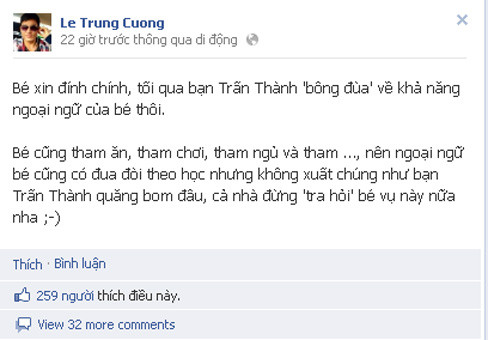 Trung Cương phân trần trên facebook cá nhân về lời 'bông đùa' của Trấn Thành về khả năng ngoại ngữ của mình. Trung Cương phân trần trên facebook cá nhân về lời 'bông đùa' của Trấn Thành về khả năng ngoại ngữ của mình