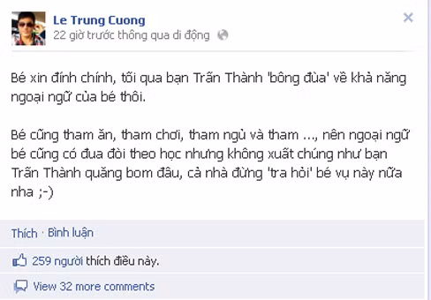 Trung Cương phân trần trên facebook cá nhân về lời 'bông đùa' của Trấn Thành về khả năng ngoại ngữ của mình