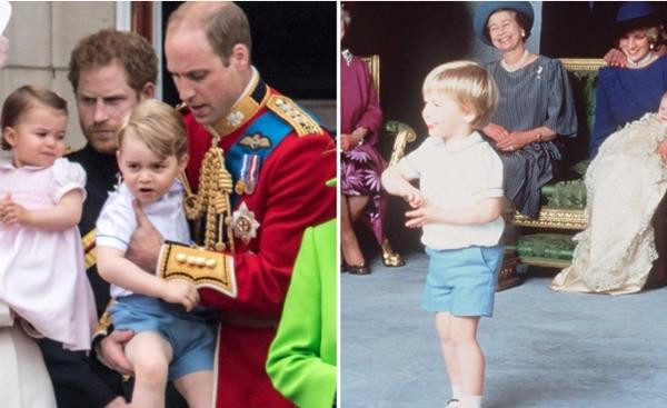 Hoàng tử George (ảnh trái) mặc lại đồ cũ mà William đã mặc năm 1984 (ảnh phải). Ảnh: The Sun. Hoàng tử George (ảnh trái) mặc lại đồ cũ mà William đã mặc năm 1984 (ảnh phải). Ảnh: The Sun.