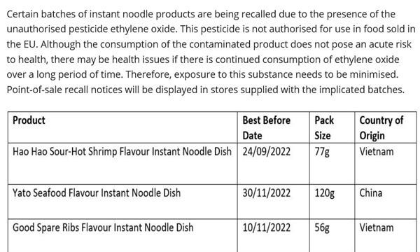 Thông báo thu hồi một số sản phẩm mỳ trên trang web của FSAI. (Ảnh chụp màn hình FSAI).