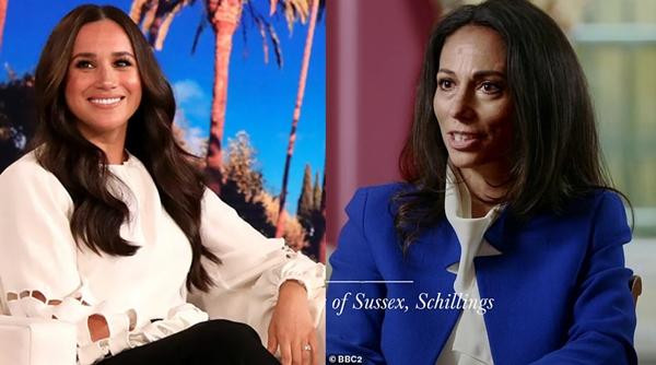 Luật sư đại diện cho Meghan cũng xuất hiện trong phim tài liệu của đài BBC để khẳng định rằng cáo buộc cô bắt nạt nhân viên là "sai". Ảnh: Ellen Show; BBC2.