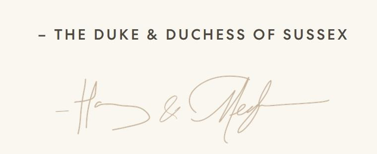 Chữ ký của Harry và Meghan vừa được đăng trên trang web Archewell. (Ảnh chụp màn hình).