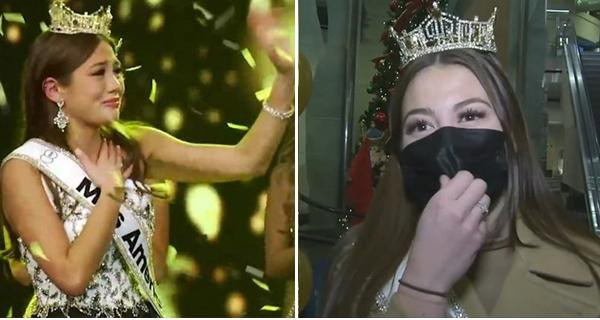 Emma lúc đăng quang (trái) và lúc về quê nhà (phải). Ảnh: Miss America; NBC. Emma lúc đăng quang (trái) và lúc về quê nhà (phải). Ảnh: Miss America; NBC.