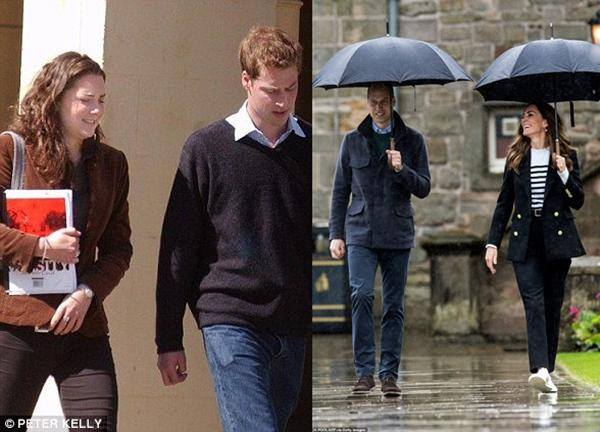 William - Kate hồi còn là sinh viên (trái) và bây giờ (phải). Ảnh: Peter Kelly; AFP/ Getty. William - Kate hồi còn là sinh viên (trái) và bây giờ (phải). Ảnh: Peter Kelly; AFP/ Getty.