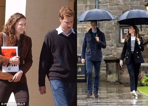 William - Kate hồi còn là sinh viên (trái) và bây giờ (phải). Ảnh: Peter Kelly; AFP/ Getty. William - Kate hồi còn là sinh viên (trái) và bây giờ (phải). Ảnh: Peter Kelly; AFP/ Getty.