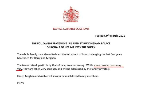 Văn bản phản hồi ngắn gọn của Cung điện Buckingham sau khi bị Harry - Meghan kêu ca. Ảnh: Twitter. Văn bản phản hồi ngắn gọn của Cung điện Buckingham sau khi bị Harry - Meghan kêu ca. Ảnh: Twitter.