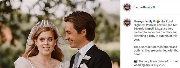 Tài khoản chính thức của Hoàng gia Anh thông báo Công chúa Beatrice mang bầu. (Ảnh chụp màn hình). Tài khoản chính thức của Hoàng gia Anh thông báo Công chúa Beatrice mang bầu. (Ảnh chụp màn hình).