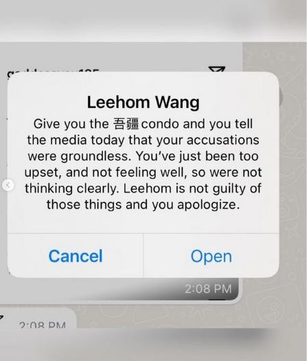 Ảnh chụp màn hình mà Lý Tịnh Lôi đăng, được cho là chứng minh việc chồng cũ định "hối lộ" cô căn nhà để cô rút lại những cáo buộc. Ảnh: Lý Tịnh Lôi. Ảnh chụp màn hình mà Lý Tịnh Lôi đăng, được cho là chứng minh việc chồng cũ định "hối lộ" cô căn nhà để cô rút lại những cáo buộc. Ảnh: Lý Tịnh Lôi.