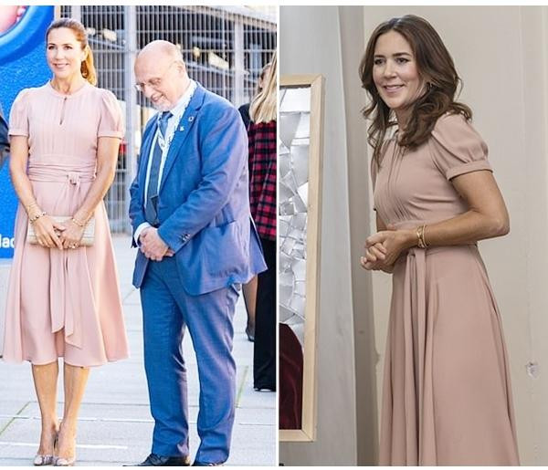 Váy hồng được mặc năm 2020 (trái) và tháng 9/2021 (phải). Ảnh: Ritzau/ PA Images; Hanne Juul/ Aller/ MEGA.