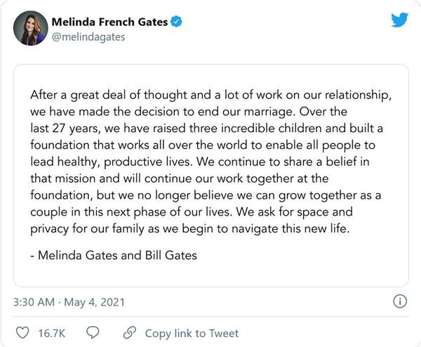 Thông báo chung về việc ly hôn được đăng trên tài khoản Twitter của bà Melinda. (Ảnh chụp màn hình). Thông báo chung về việc ly hôn được đăng trên tài khoản Twitter của bà Melinda. (Ảnh chụp màn hình).