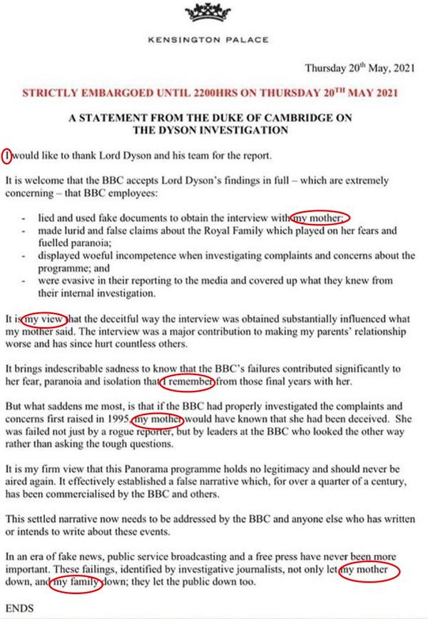 William dùng những từ như "tôi", "quan điểm của tôi", "mẹ tôi", "gia đình tôi" trong văn bản phản hồi của mình. Ảnh: Twitter. William dùng những từ như "tôi", "quan điểm của tôi", "mẹ tôi", "gia đình tôi" trong văn bản phản hồi của mình. Ảnh: Twitter.