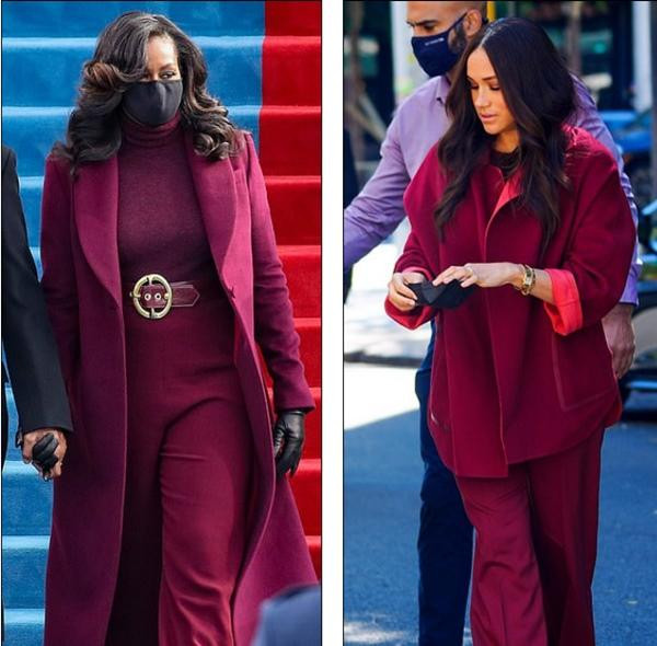 Trang phục của Meghan dường như được lấy cảm hứng từ trang phục của bà Michelle Obama. Ảnh: Getty Images; GC Images. Trang phục của Meghan dường như được lấy cảm hứng từ trang phục của bà Michelle Obama. Ảnh: Getty Images; GC Images.