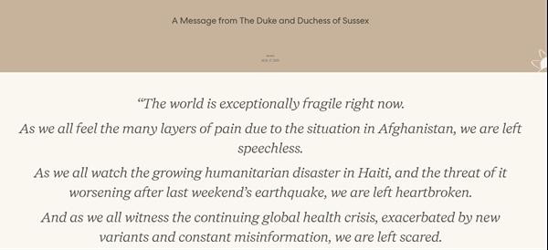 Một phần bài đăng mới của vợ chồng Công tước xứ Sussex. (Ảnh chụp màn hình). Một phần bài đăng mới của vợ chồng Công tước xứ Sussex. (Ảnh chụp màn hình).