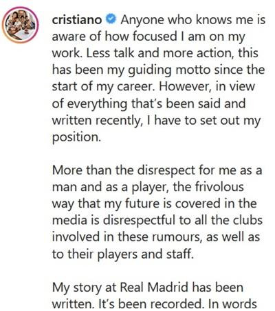 Một phần bài đăng dài của Ronaldo. (Ảnh chụp màn hình). Một phần bài đăng dài của Ronaldo. (Ảnh chụp màn hình).