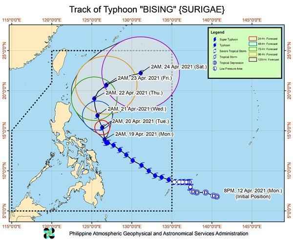 Đường đi dự kiến của siêu bão Surigae (Bising), được đưa ra vào sáng 19/4. Ảnh: PAGASA. Đường đi dự kiến của siêu bão Surigae (Bising), được đưa ra vào sáng 19/4. Ảnh: PAGASA.