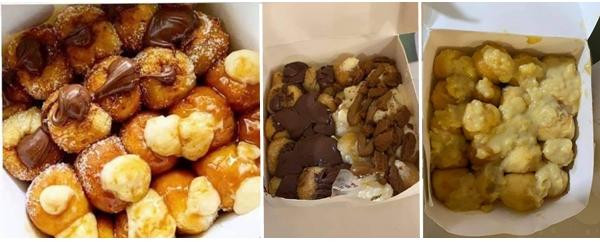 Bánh donut mà tiệm giới thiệu (trái) và 2 hộp bánh mà khách hàng nhận được (giữa và phải). Ảnh: Lita**.