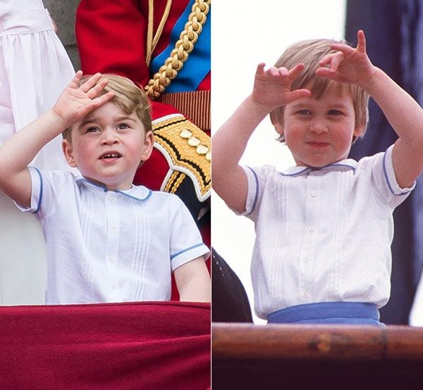 George mặc đồ cũ của bố (ảnh trái là George, ảnh phải là William hồi nhỏ). Ảnh: Getty Images. George mặc đồ cũ của bố (ảnh trái là George, ảnh phải là William hồi nhỏ). Ảnh: Getty Images.