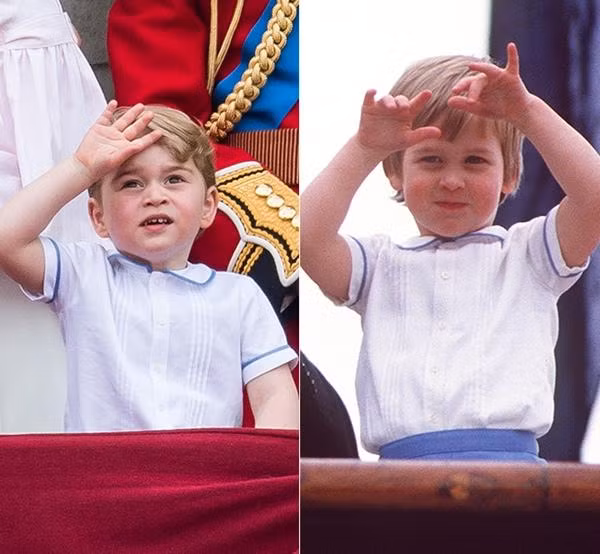 George mặc đồ cũ của bố (ảnh trái là George, ảnh phải là William hồi nhỏ). Ảnh: Getty Images.