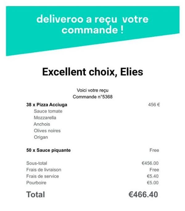 Một khách hàng nói mình đã "suýt lên cơn đau tim" khi thấy e-mail xác nhận đặt mua 38 chiếc pizza và phải trả 466 euro (12,7 triệu đồng). Ảnh: Twitter. Một khách hàng nói mình đã "suýt lên cơn đau tim" khi thấy e-mail xác nhận đặt mua 38 chiếc pizza và phải trả 466 euro (12,7 triệu đồng). Ảnh: Twitter.