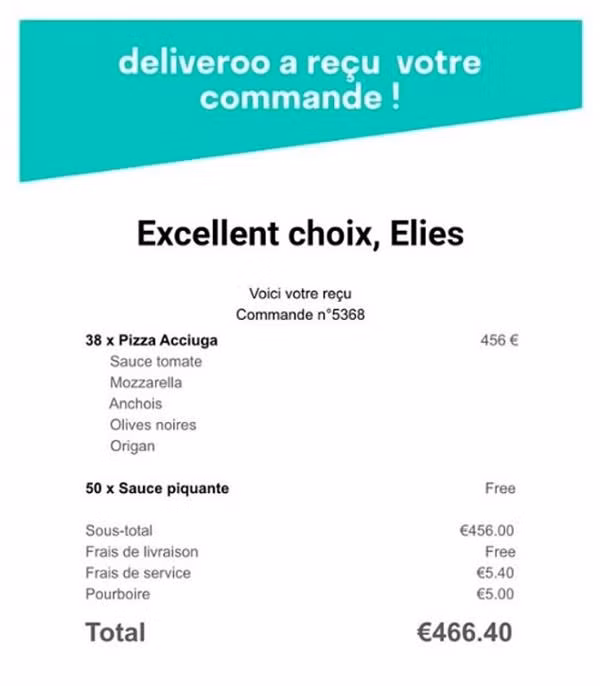 Một khách hàng nói mình đã "suýt lên cơn đau tim" khi thấy e-mail xác nhận đặt mua 38 chiếc pizza và phải trả 466 euro (12,7 triệu đồng). Ảnh: Twitter.