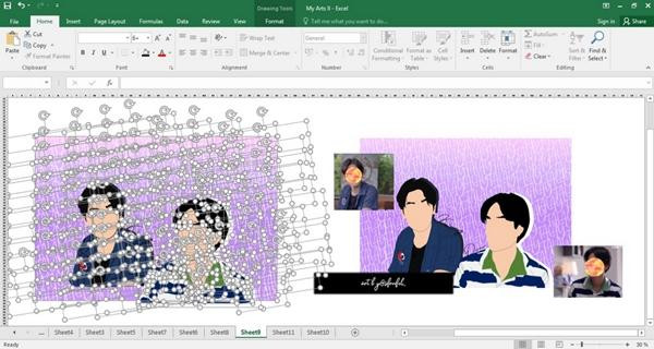 "Hậu trường" và một bức tranh Excel của Safarina. Ảnh: Safarina. "Hậu trường" và một bức tranh Excel của Safarina. Ảnh: Safarina.