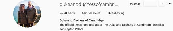 Tài khoản Instagram của gia đình William - Kate. (Ảnh chụp màn hình). Tài khoản Instagram của gia đình William - Kate. (Ảnh chụp màn hình).