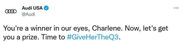 Khi biết sự việc, hãng Audi ở Mỹ đã quyết định sẽ tặng một chiếc xe Q3 cho Charlene. (Ảnh chụp màn hình).