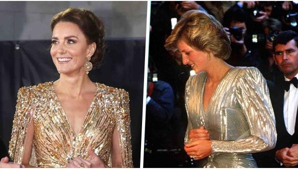 Váy của Kate tương tự váy của Công nương Diana khi bà đến dự lễ ra mắt một phần phim 007 vào năm 1985. Ảnh: Access Online. Váy của Kate tương tự váy của Công nương Diana khi bà đến dự lễ ra mắt một phần phim 007 vào năm 1985. Ảnh: Access Online.