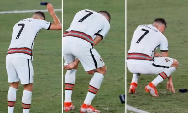 Ronaldo buồn bực quẳng băng đội trưởng xuống đất sau khi thua trận. Ảnh: GHN.