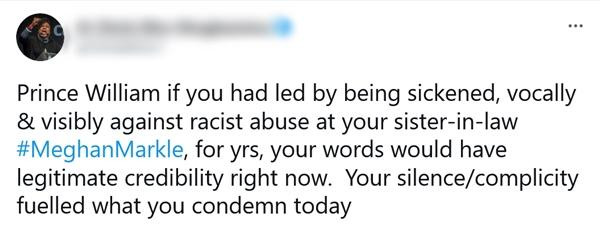 Nhiều cư dân mạng cho rằng, William đã không có sự bênh vực tương tự dành cho em dâu Meghan Markle. (Ảnh chụp màn hình). Nhiều cư dân mạng cho rằng, William đã không có sự bênh vực tương tự dành cho em dâu Meghan Markle. (Ảnh chụp màn hình).