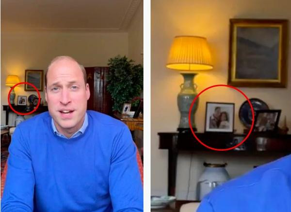 Hoàng tử William trong buổi Hỏi - Đáp, đằng xa phía sau là một bức ảnh đặt cạnh chiếc đèn. Ảnh: Instagram.